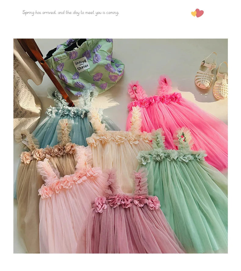 1-6 Y Girls Dresses  3D Flower A Line Dress for Girls Sleeveless Camisole Mesh Dress
