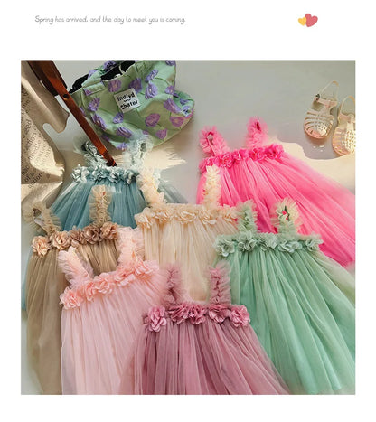 1-6 Y Girls Dresses  3D Flower A Line Dress for Girls Sleeveless Camisole Mesh Dress