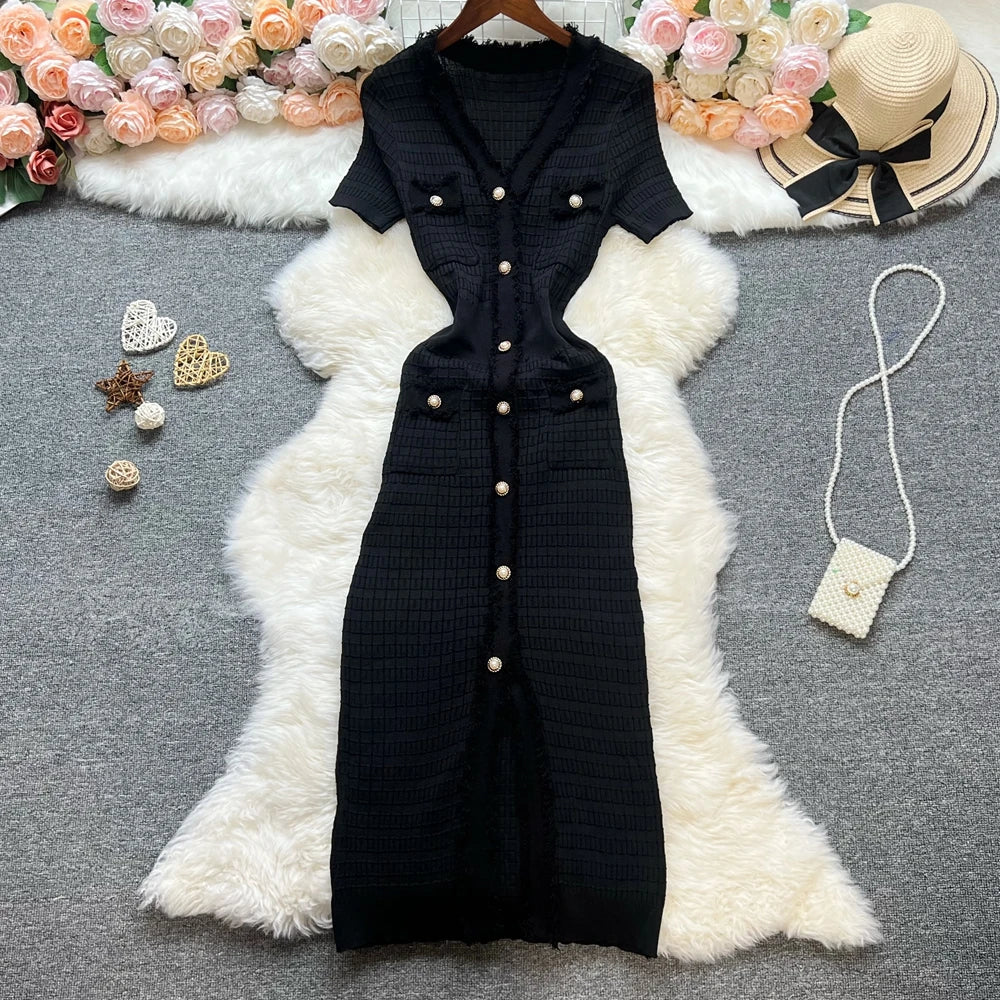 Fashion Sexy Package Hips Knitted Dress Women V-neck Single-breasted Bodycon Sweater Dress Office Lady Vestidos