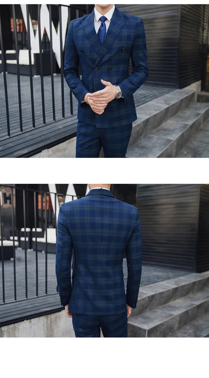 S-5XL ( Blazer + Pants ) Men's High-end Brand Formal Double Breasted Suit Gray 2 Piece Set Wedding Dress Plaid Suit Groom Party