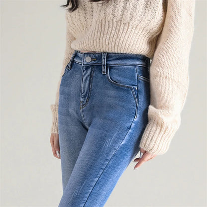 Women Thermal Jeans Winter Snow Warm Plush Stretch Jeans Lady Skinny Thicken Fleece Denim Long Pants Retro Blue Pencil Trousers