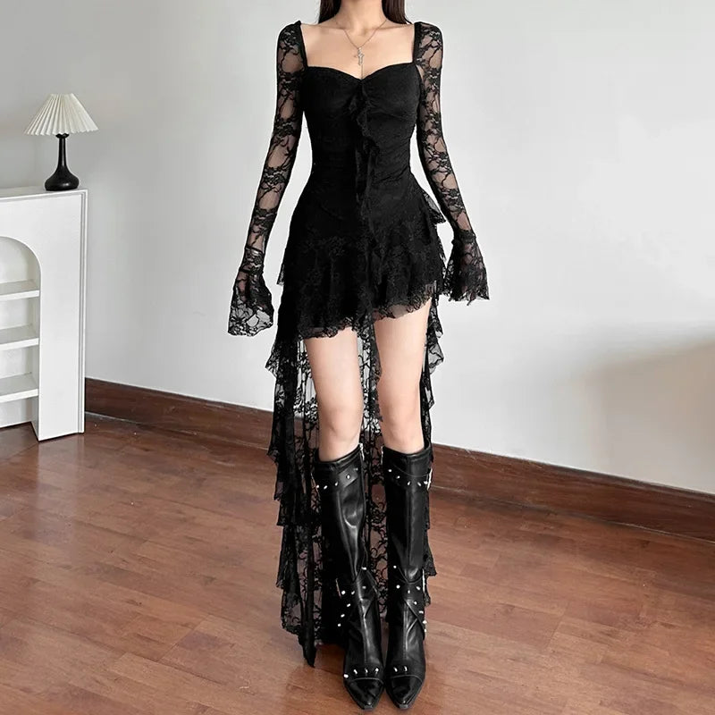 Lace Flare Sleeve Square Neck A-line Dress Sweet E-girl Irregular Long Hem Dresses Cyber Y2K Party Vestido