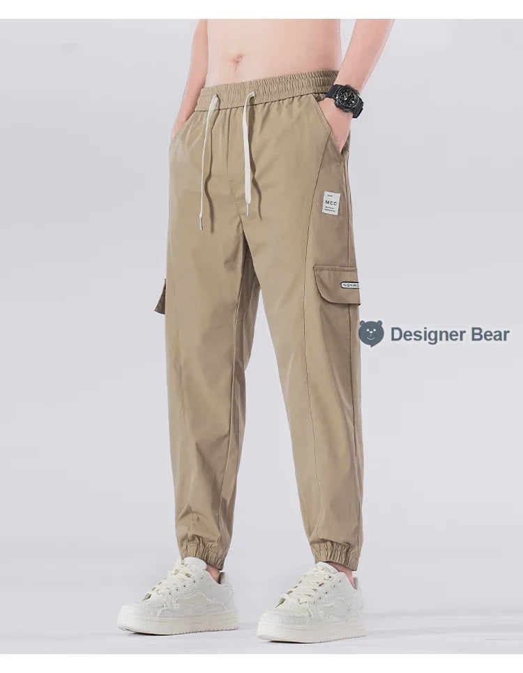 Spring Summer Thin Men's Cargo Pants Loose Tapered Elastic Cuff Jogger Trousers Quick Dry Casual Outdoor Haren Pants Male 5XL