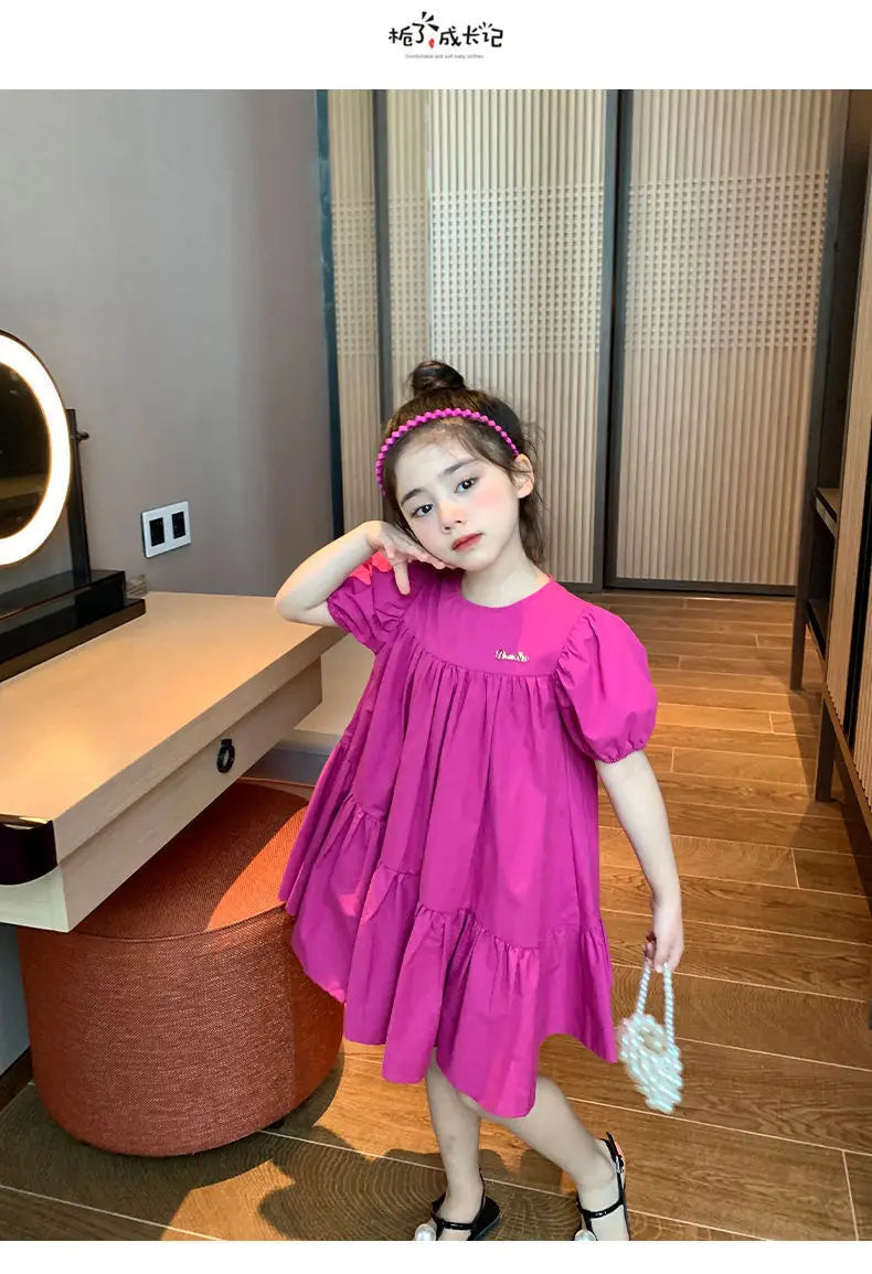 Girls Sweet Dress Summer Children Princess Gown Kids Spring Casual Short-sleeve Vestidos Kids Solid Color Loose Clothing 2-8Y