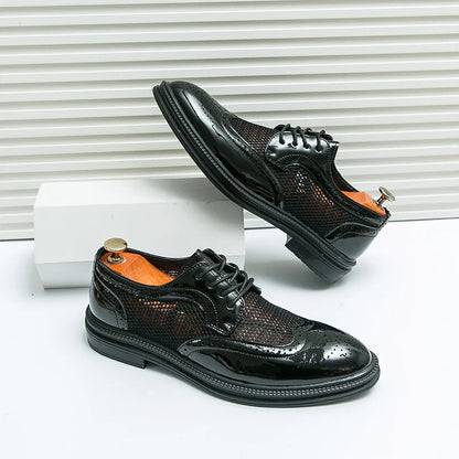 Fashion Derby Leather Men Shoes Summer Breathable White Brogue Lace Up Solid Dress Shoes Business Casual Party Wedding Shoes Men