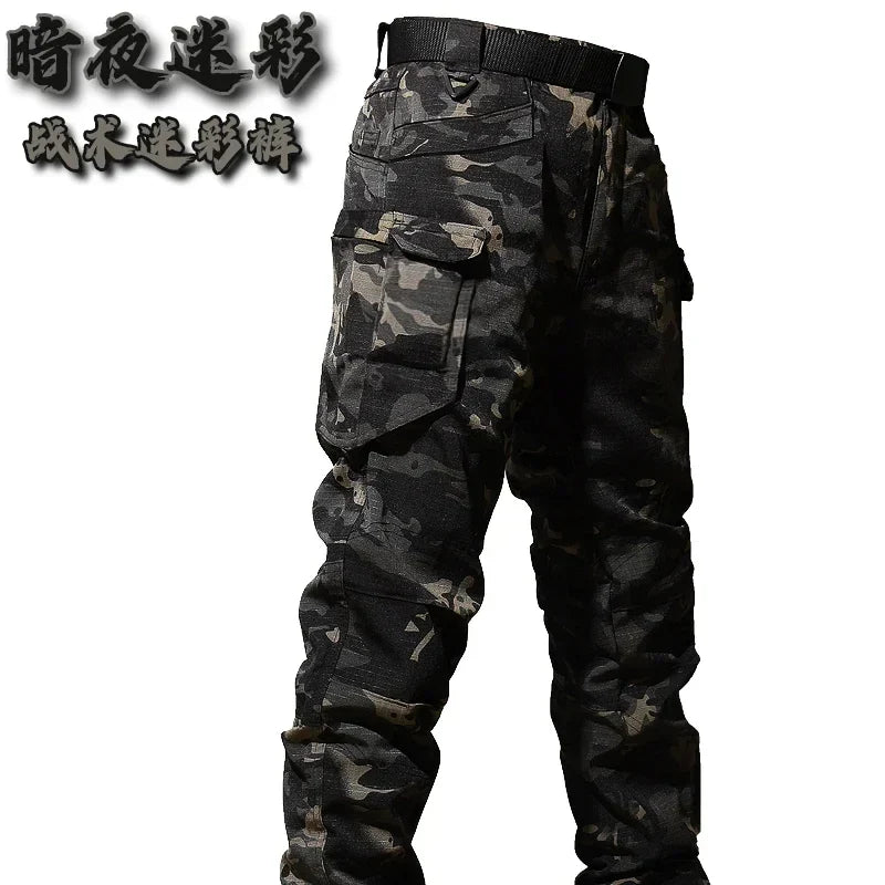Autumn Tactical Sets Men Outdoor Breathable Short Sleeve Tshirt+Waterproof Straight Pant 2 Pcs Suits Camo Multi-pocket Cargo Set