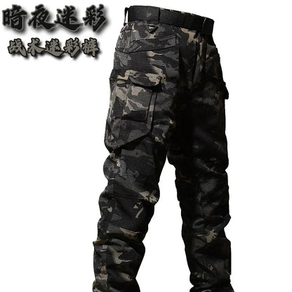Autumn Tactical Sets Men Outdoor Breathable Short Sleeve Tshirt+Waterproof Straight Pant 2 Pcs Suits Camo Multi-pocket Cargo Set