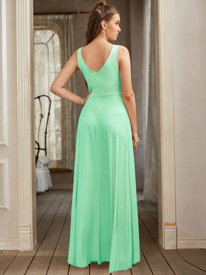 Split V Neck Maxi Bridesmaid Dress Long for Women Wedding Party A Line Formal Dress Sleeveless Floor Length Evening