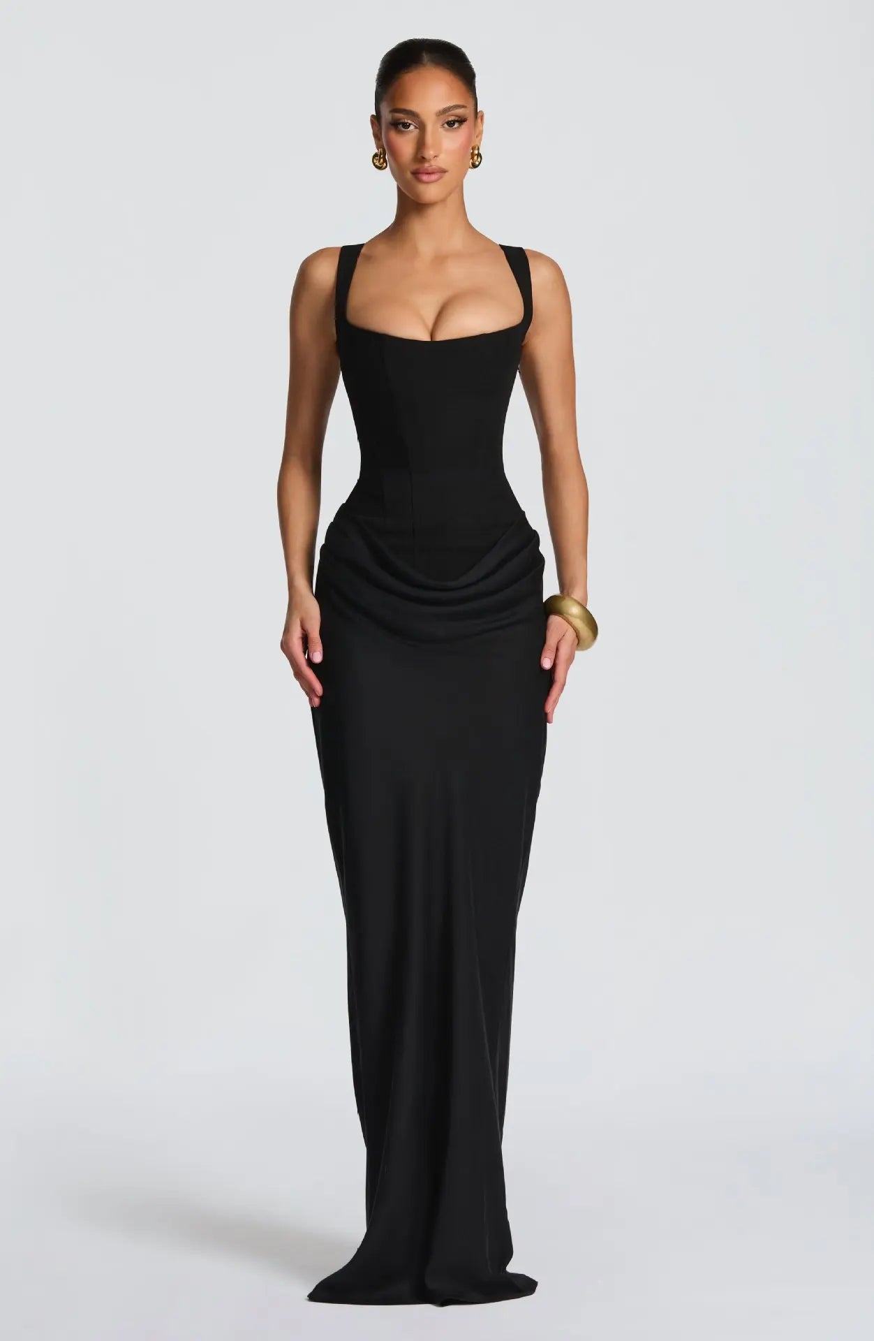 Women's casual long sleeved slim fit fishbone pure desire suspender jumpsuit long skirt slim fit solid color hip hugging dress