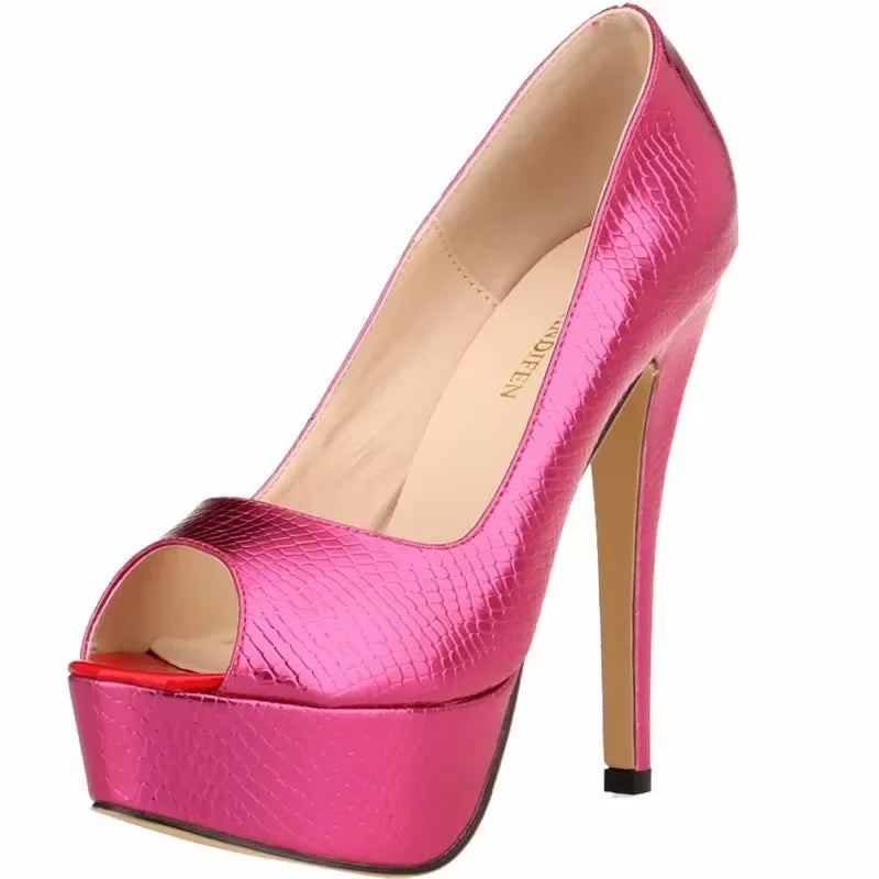 Women Sandals Sexy Pumps Patent Leather Platform Crocodile Pattern 14cm High Heels Peep Toe Stilettos Party Dress Wedding Shoes