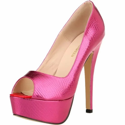 Women Sandals Sexy Pumps Patent Leather Platform Crocodile Pattern 14cm High Heels Peep Toe Stilettos Party Dress Wedding Shoes