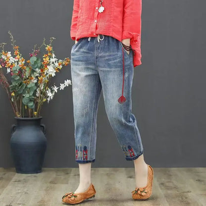 Womens Vintage Floral Loose Denim Pants 2025 Spring Chinese Style Casual Ripped Blue Jeans Holes Elastic Harem Trousers