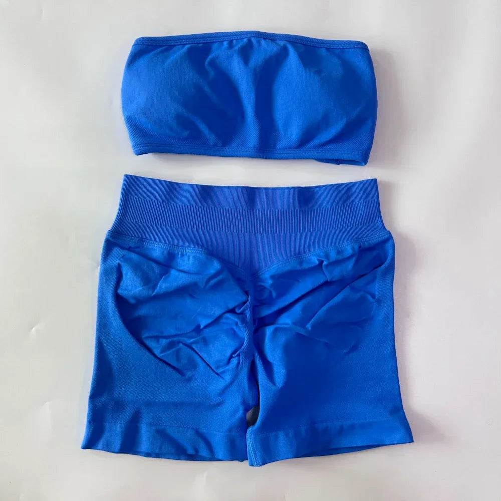 No Logo Women 2 Pieces Yoga Set Backless Bandeau Sports Bra Scrunch Shorts Yoga Clothing Gym Set Workout Clothes Outfits Sets