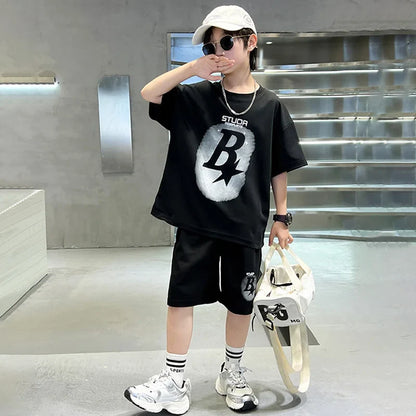 New Summer Teenager Boys Clothing Set Cotton Letter Short Sleeve T-shirt Shorts 2Pcs For 4-14 Years Kids Tracksuits Child Cloth