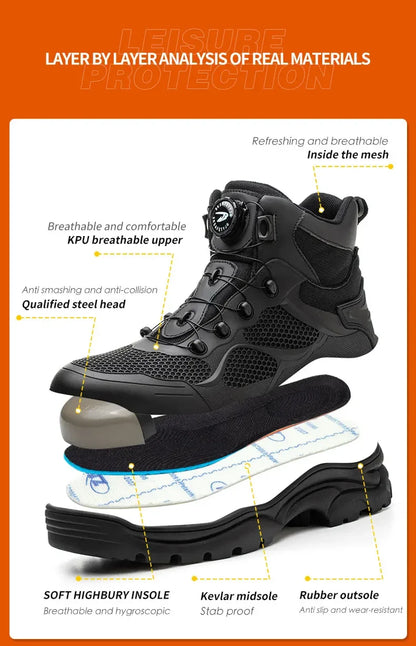 Men's Safety Work Boots Steel Toe Breathable Indestructible Puncture-Proof Rotary Buckle Shoes Comfortable Brand Work Footwear