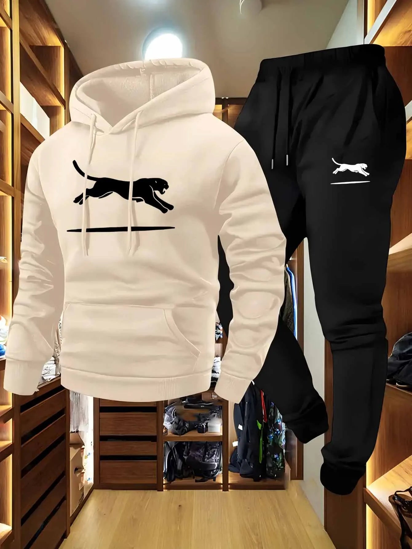 Casual Cargo Sweatshirt & Jogger Set Black White Leopard Print Soft Comfort Fabric Loose Fit Hooded Pullover Multiple Pockets