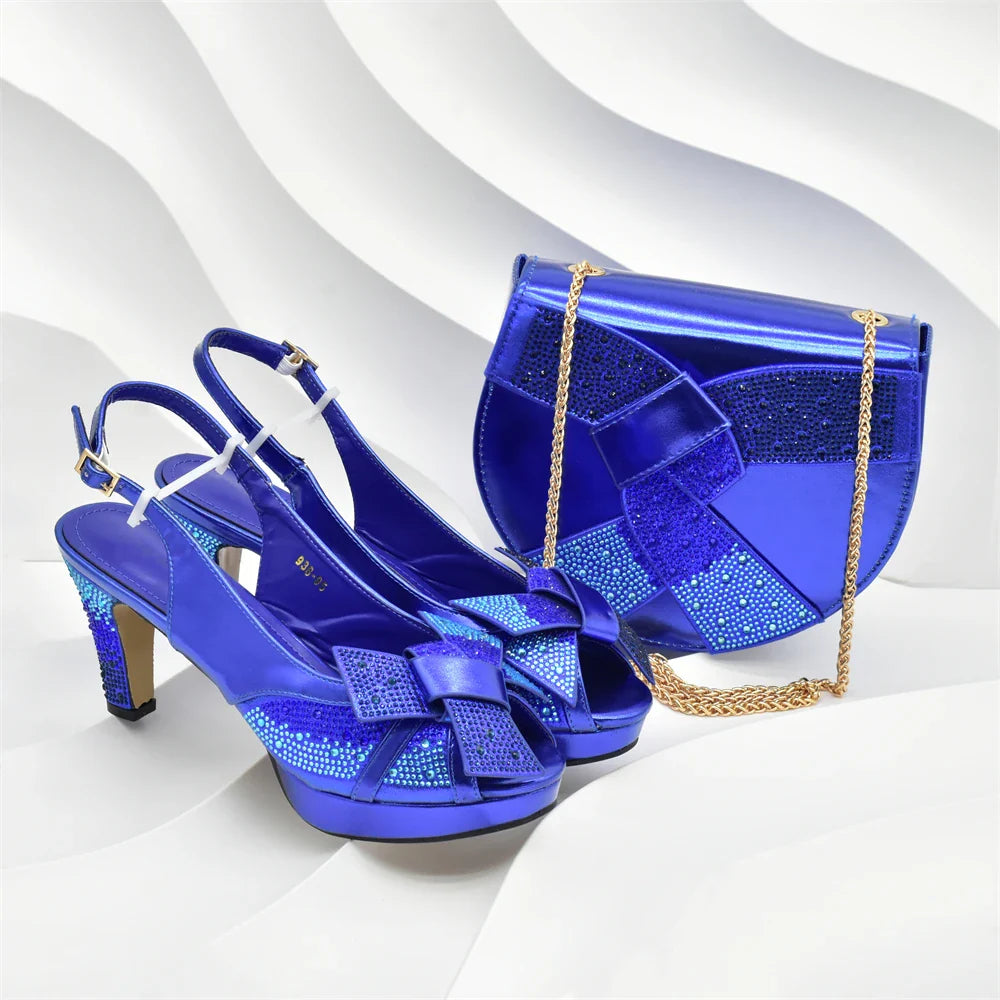 Fashion Women Nigerian Italian Shoes and Bags Set Decorated with Rhinestone Peep Toe High Heels Women Pumps for Wedding