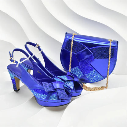 Fashion Women Nigerian Italian Shoes and Bags Set Decorated with Rhinestone Peep Toe High Heels Women Pumps for Wedding