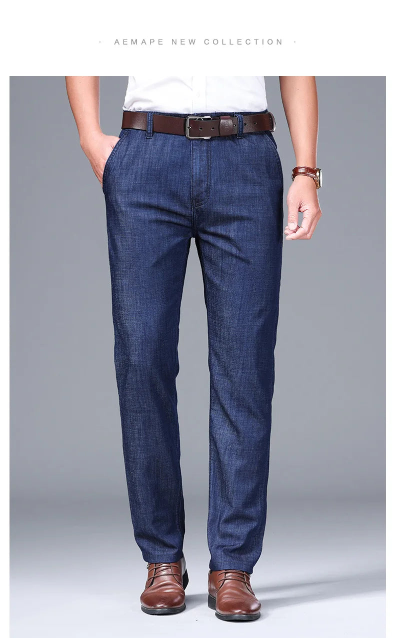 Modal Fabric Spring Summer Men's Black Thin Straight Jeans Classic Style Business Fashion Stretch Loose Jeans Male Brand