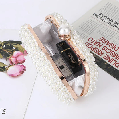 Fashion Elegant Women White Beige Luxury Special Crystals Beaded Pearl Evening Clutch Bags Wedding Party Handbag Beaded