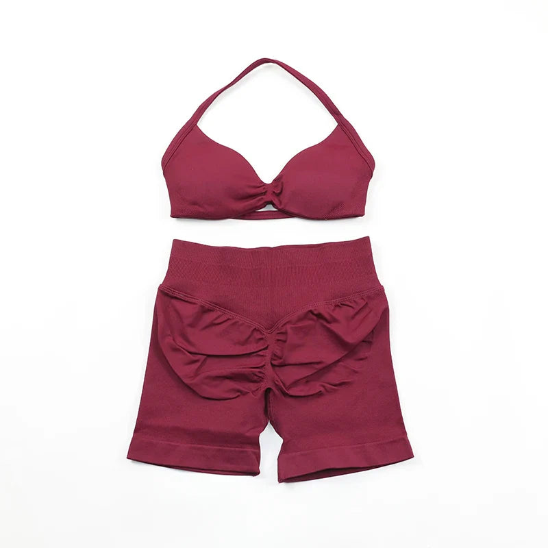 Scrunch Seamless Yoga Set Women Sportswear Ribbed Gym Shorts Strappy Sports Bra 2 Piece Set Halter Workout Clothes Fitness Suit
