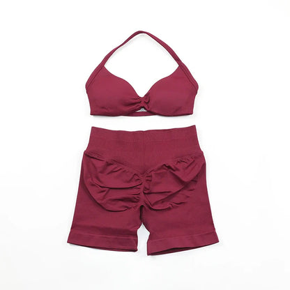 Scrunch Seamless Yoga Set Women Sportswear Ribbed Gym Shorts Strappy Sports Bra 2 Piece Set Halter Workout Clothes Fitness Suit