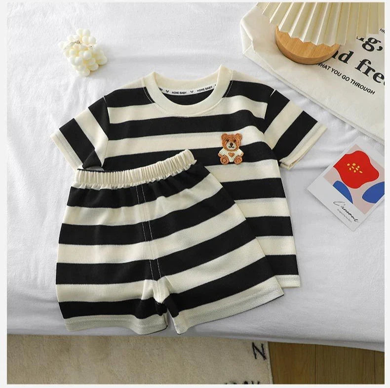 Children's Clothes Short-sleeved Suit Striped Top+shorts 2-piece T-shirt Summer Baby Clothes Children Clothing Boys Girls