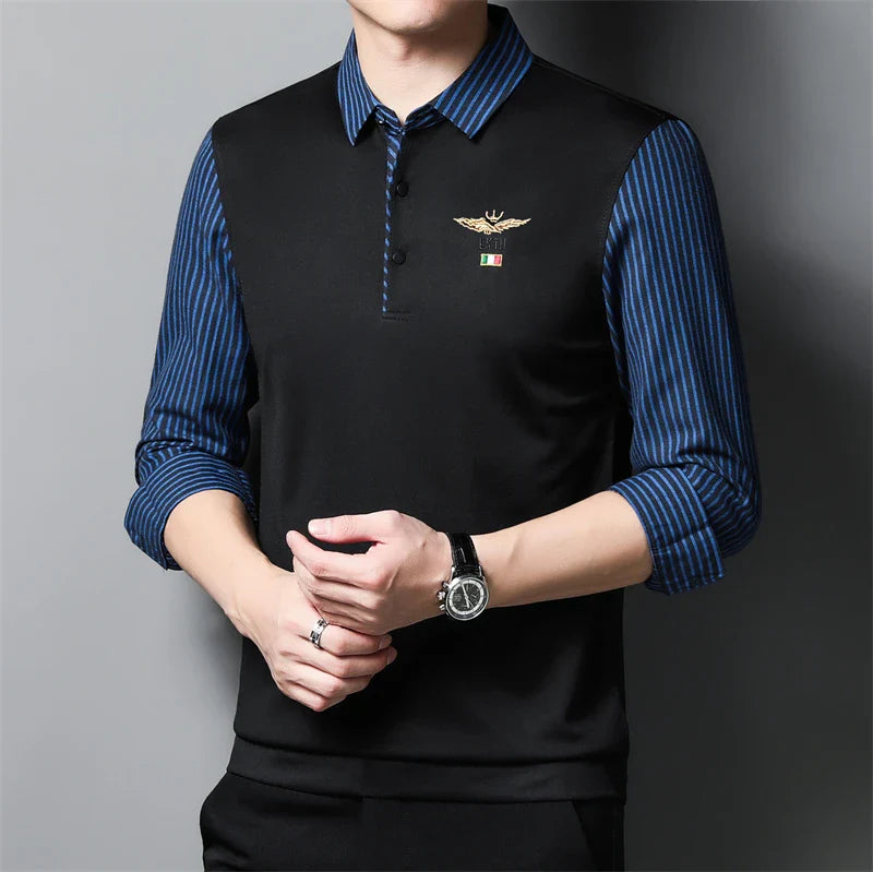 2025 New Men's Casual and Fashionable Long Sleeved POLO Shirt with Contrasting Print Anti Wrinkle Top
