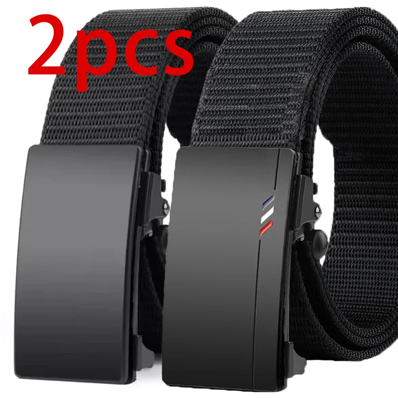2pcs Men's Belt Outdoor Leisure Sports Belt Toothless Quick Release Automatic Buckle Quality Black Belt