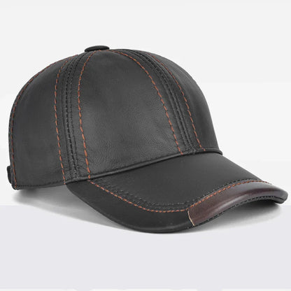 Men Real Cowhide Leather Earlap Caps Male Fall Winter 100% Real Cow Leather Hats New Casual Real Leather Outdoor Baseball Cap
