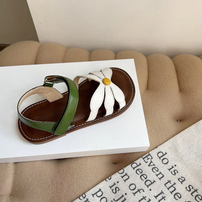 Girl's Sandals Hollow-out Solid Fashion Color Flower Leather Kids Sliders Open Toe Light Sweet Hook-loop Summer Children Shoe