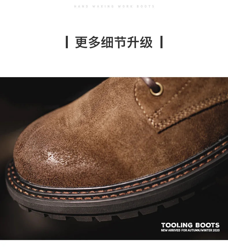 Men's Vintage Split Suede Boots Brown High-Top Work Boots Lace-Up Desert Ankle Rugged Sole Boots Outdoor Winter Fall Shoes