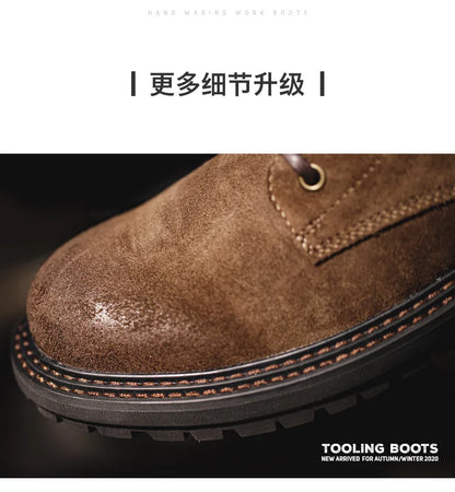 Men's Vintage Split Suede Boots Brown High-Top Work Boots Lace-Up Desert Ankle Rugged Sole Boots Outdoor Winter Fall Shoes