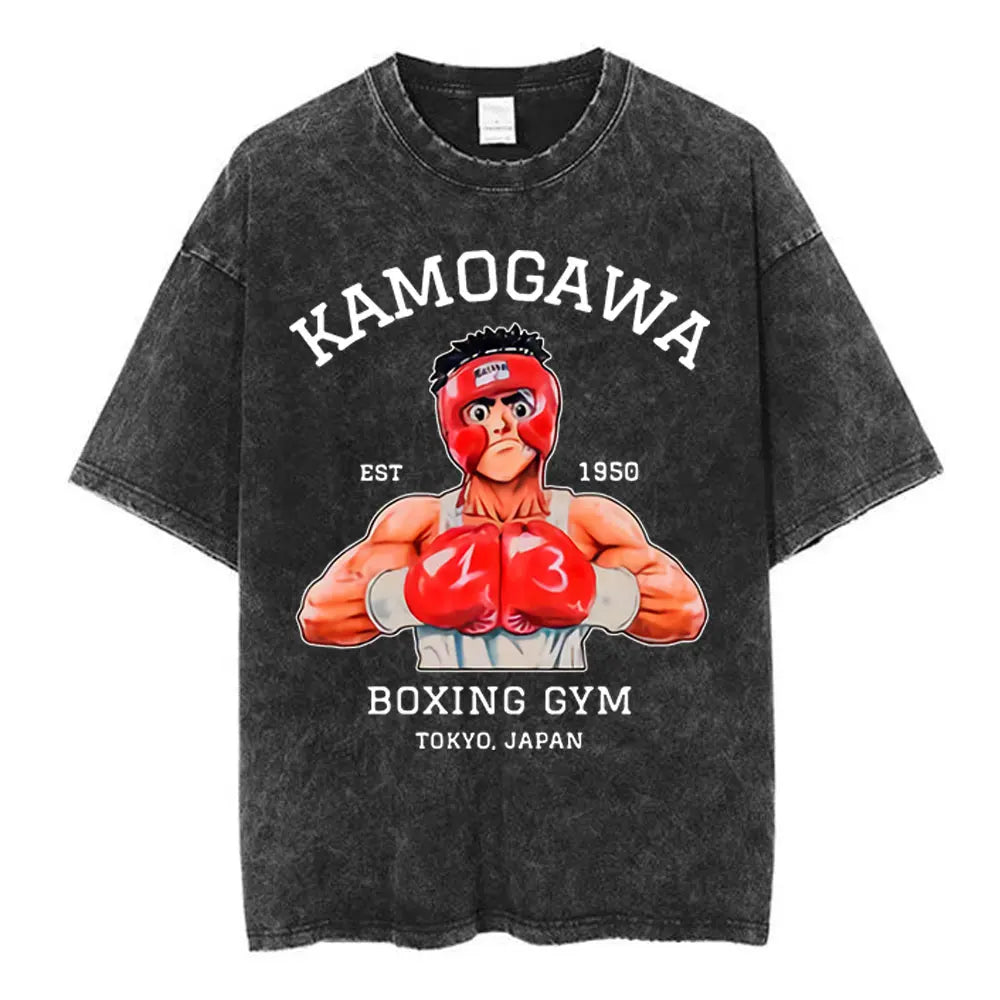 Anime Hajime No Ippo Washed Vintage T-shirt Kamogawa Boxing Gym Harajuku T-shirts Makunouchi Takamura KGB Loose Cotton T Shirt