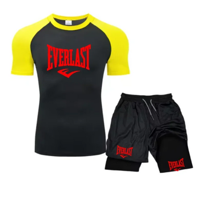 Men's Compress Shirt + 2-in-1 sports shorts 2pcs Set Leisure Breath Short Sleeve Sport Jogging Gym Brand Print Clothing