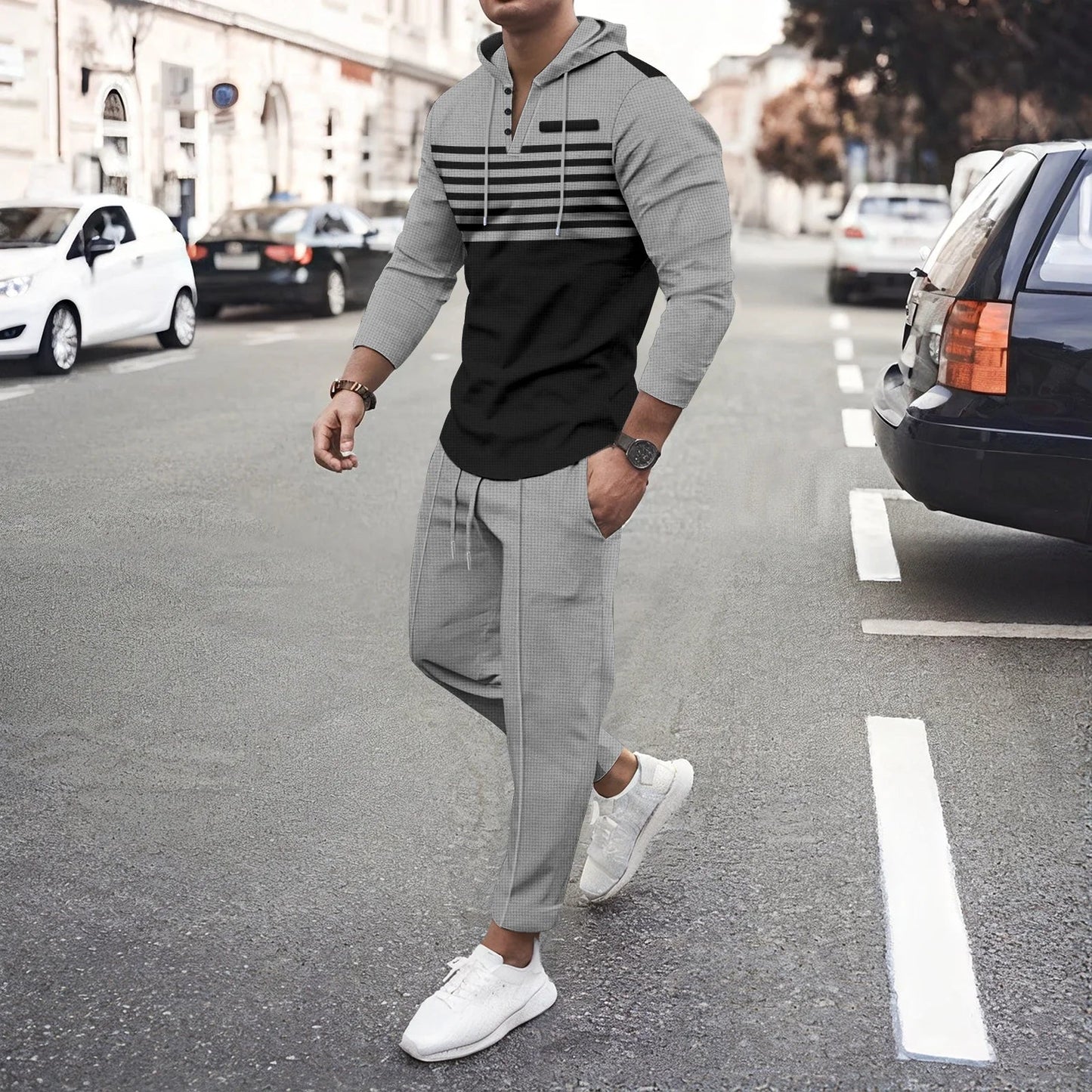 New Men's Waffle Casual Set Outdoor Four Seasons Versatile Trendy Stripe Color blocked Hoodie, Casual Pants Two Piece Set