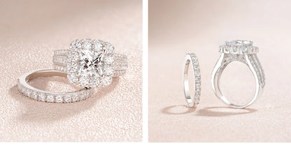 2Pcs 925 Silver Wedding Rings Set for Women Halo Princess Cut White Cubic Zircon Vintage Luxury Jewelry Engagement Ring