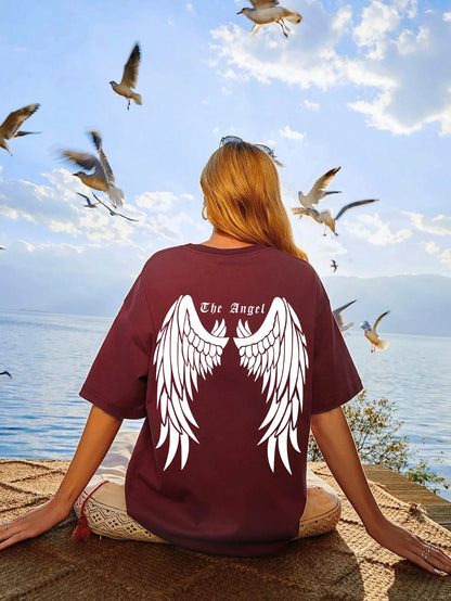 Camisetas estampadas de asa de anjo preta venda quente para mulheres, roupas largas oversized, camiseta de rua hip hop, algodão, manga curta