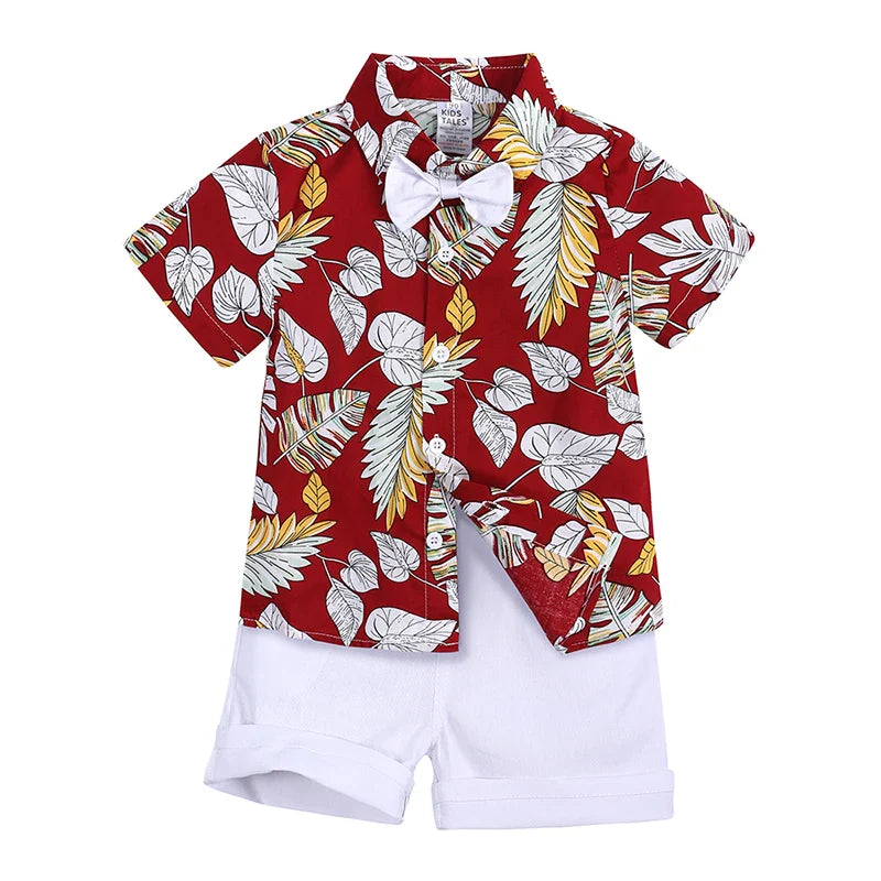 2026 Gentleman  Kids Boys Party Clothing Set Print Hawaii Style Short Sleeve Shirt +Short Pants Formal Suit Seaside Outfits 2Pcs