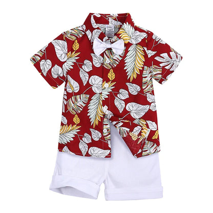 2026 Gentleman  Kids Boys Party Clothing Set Print Hawaii Style Short Sleeve Shirt +Short Pants Formal Suit Seaside Outfits 2Pcs