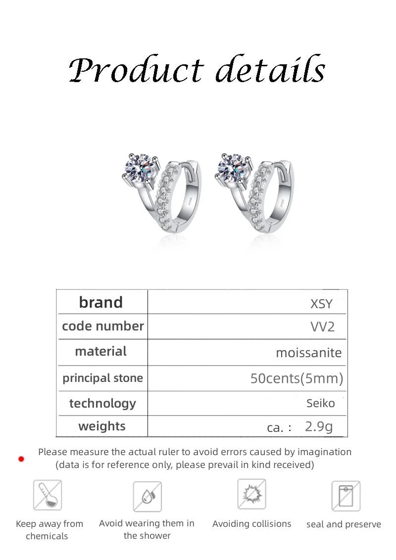 Luxury Platinum Earrings PT950 Asymmetric French Design Women's Buckle D Colour Moissanite Diamond White Gold Jewelry