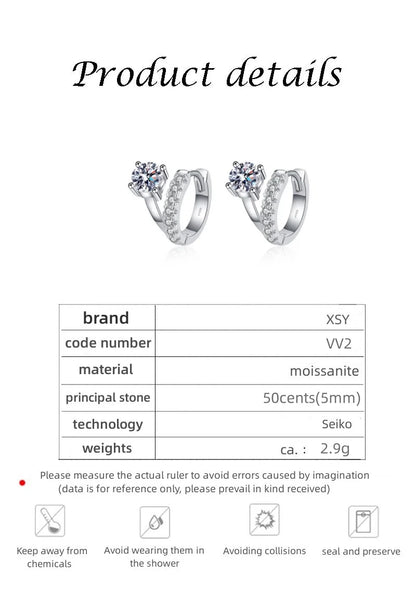Luxury Platinum Earrings PT950 Asymmetric French Design Women's Buckle D Colour Moissanite Diamond White Gold Jewelry