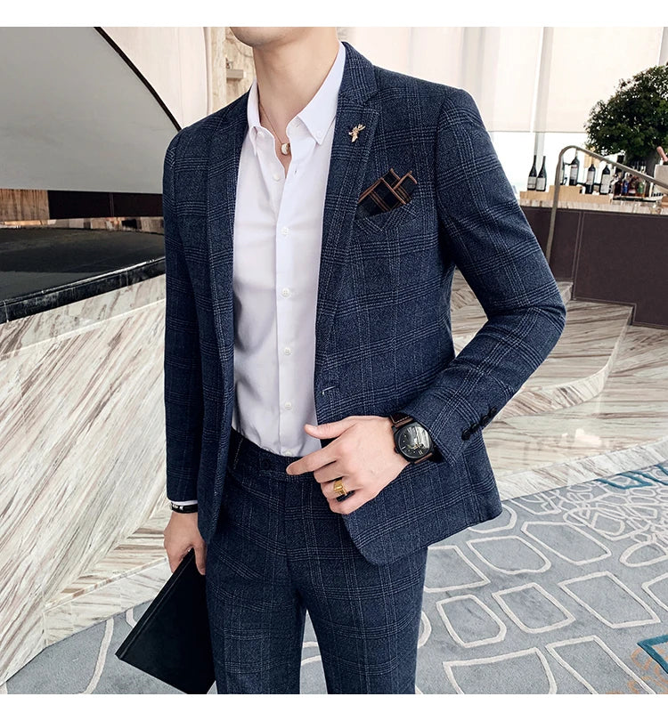 S-7XL Jacket + Pants / Luxurious High -end Brand Solid Color Men's Casual Business Slim Suit Two -piece Suit Groom Wedding Suit