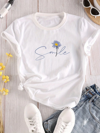 Flower & Letter Print Crew Neck T-Shirt Casual Short Sleeve T-Shirt for Summer Women's Clothing Comfortable Soft Creative Tops