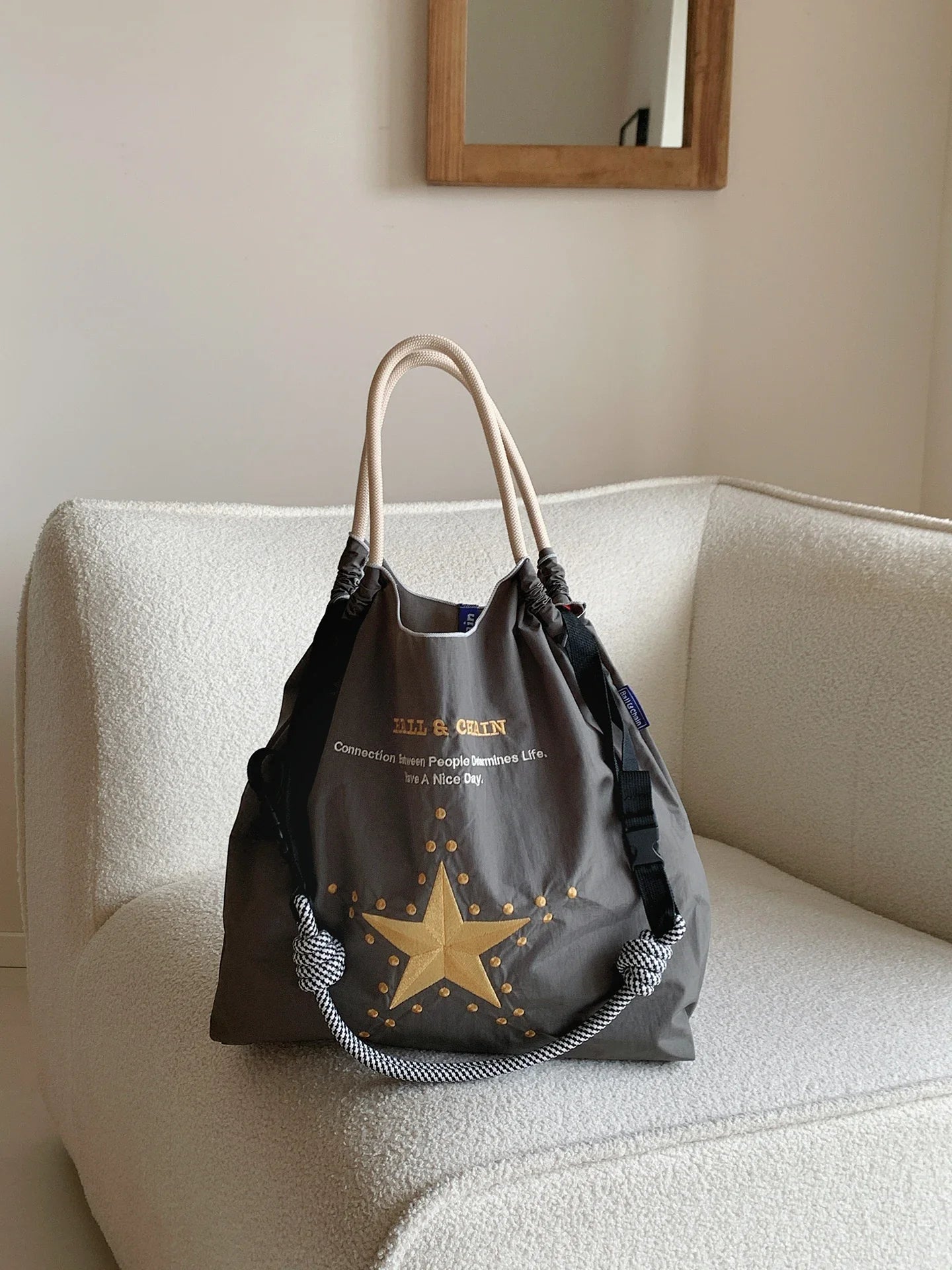 New Japanese-Style Embroidered Shopping Bag Y2K Style Large Five-Pointed Star Design Women's Shoulder Bag Lightweight Tote Bag Foldable Storage Suitable for Shopping Leisure Holiday Parties