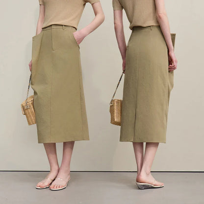 Women's Skirt 2026 Summer New Office Slit H-Line Midi Straight Casual Skirt Asymmetric Pleated Ladies Clothes 12642058