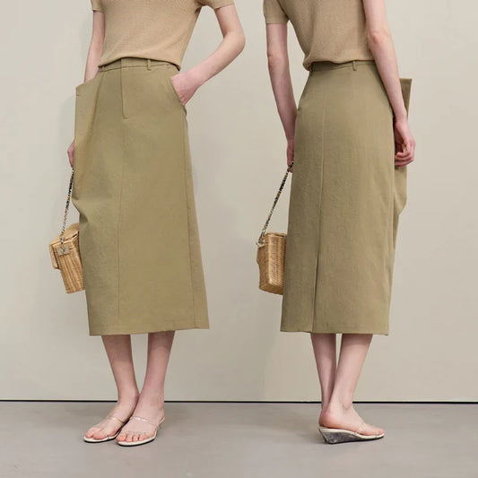 Women's Skirt 2026 Summer New Office Slit H-Line Midi Straight Casual Skirt Asymmetric Pleated Ladies Clothes 12642058