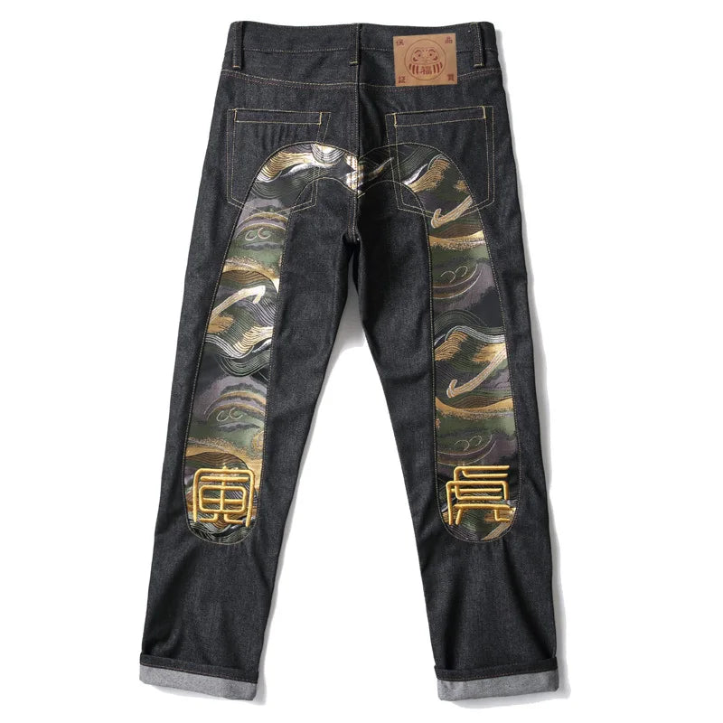 Men's Japanese Handmade Embroidered Cotton Jeans Straight Tube Slim Fit Hip-Hop Trousers Red Ear Detail Devil Big M Golden Text