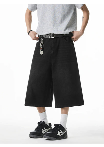 2025 Summer Men's Wide Leg Jeans Shorts Vintage Distressed Wash Y2K Straight Elastic Waist Loose Casual Relaxed Fit