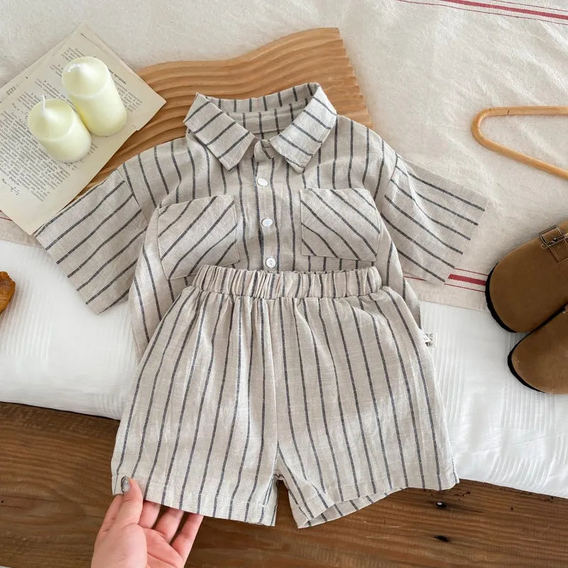 New Summer Korean Style Baby Boys Striped Outfits Cotton Linen Shirts Shorts 2pcs Children Casual Loose Sets